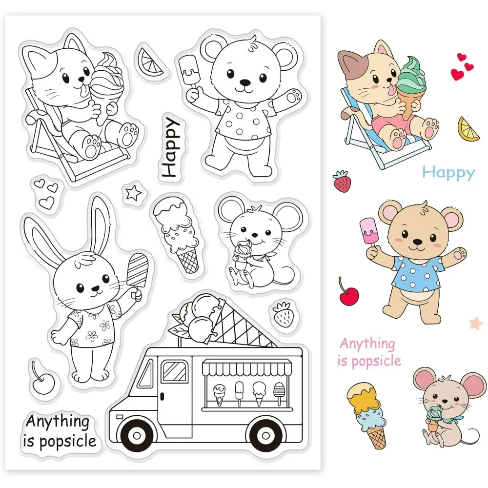 Animal Silicone Clear Stamps Ice Cream Cart Summer Cat Bear Rabbit Transparent Stamps for Cards Making DIY Scrapbooking Photo