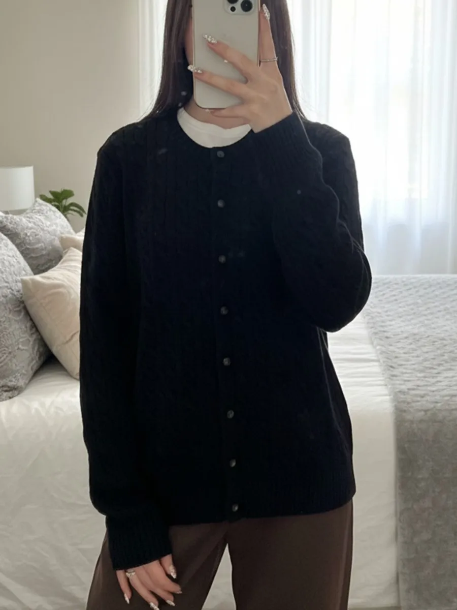 

Black Knit Twist Sweater Coat Women Casual Slim Cotton O-neck Button Casual Jumper Tops Preppy Style Simple CardiganAutumn New