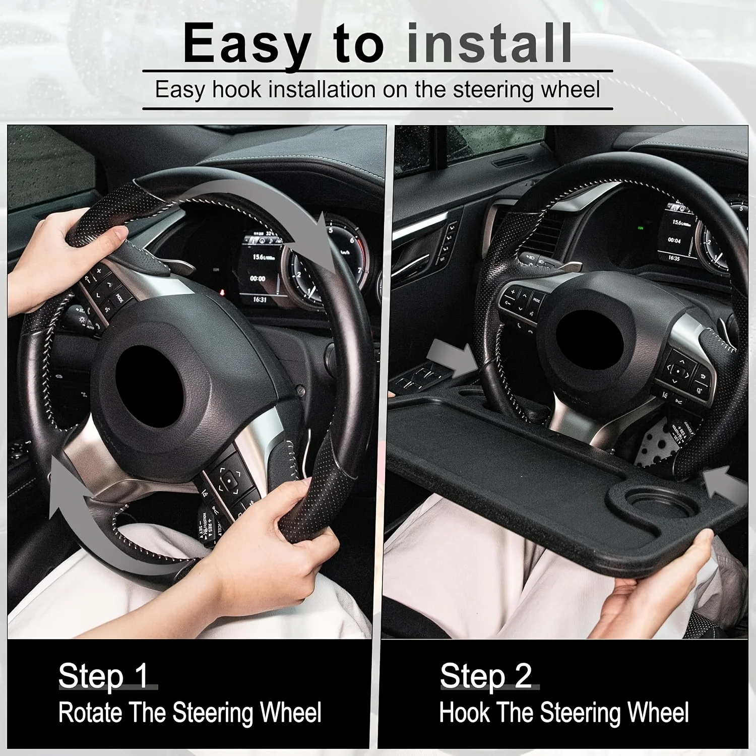 Car Steering Wheel Desk Tray – 2-Side Use Laptop & Food Holder for Car Work & Dining