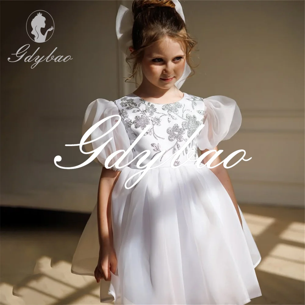 Shiny Wedding Party Princess Dress Puff Sleeve Elegant Flower Girl Dress Full Ball Formal First Communion Dress Customized 2025