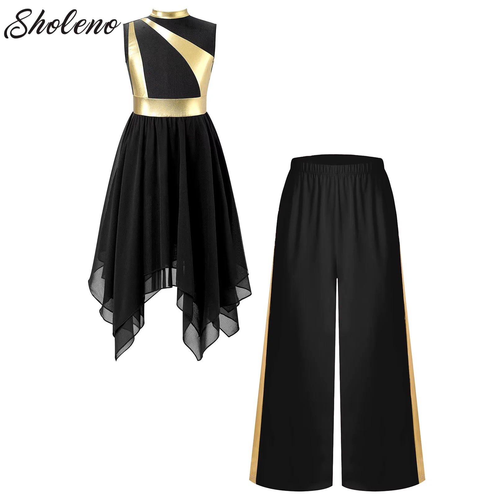 

Girls Church Choir Worship Dress Liturgical Praise Lyrical Dance Performance Dancewear Irregular Hem Tunic Gown with Pants Set