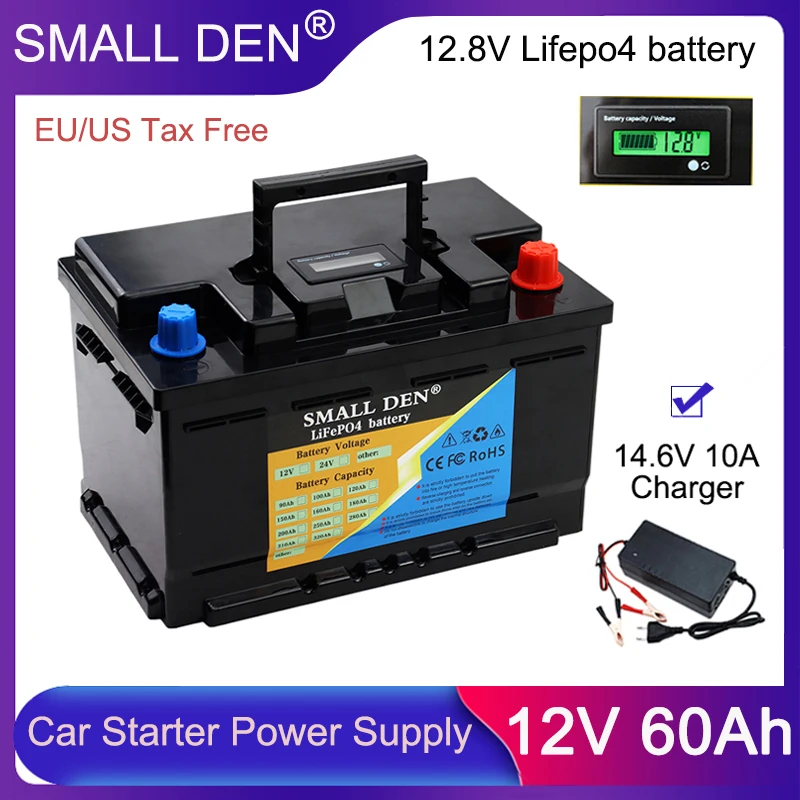 12V 60Ah LiFePO4 Rechargeable Battery Pack Automatic Car Starter Build-in BMS 12.8V Power Supply Portable For Car Lighter Solar