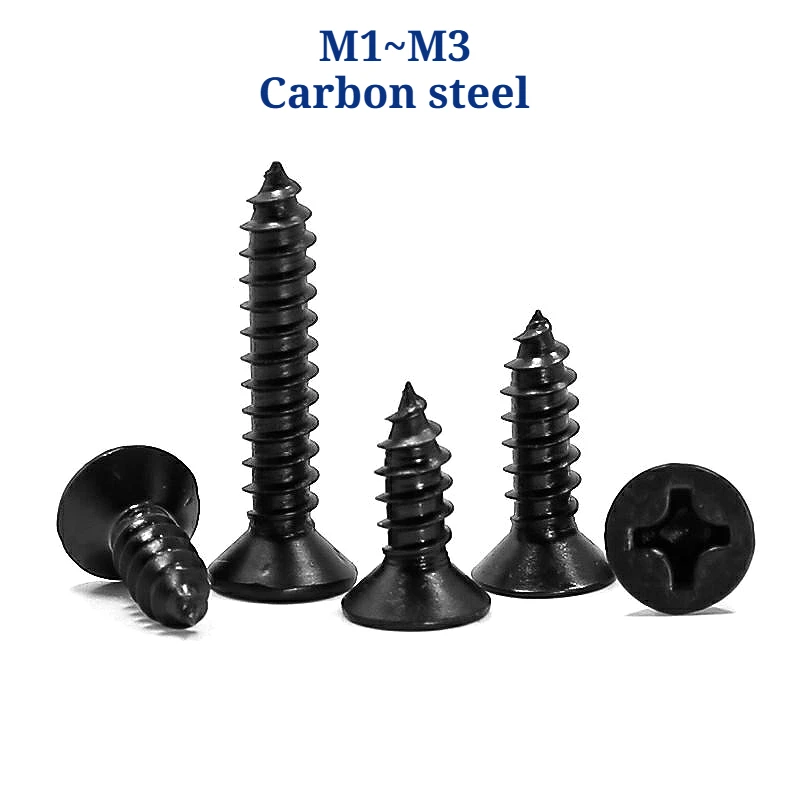 

Black Steel Mini Micro Cross Flat head Screw M1~M3 Phillips Countersunk Head Self Tapping Wood Screw