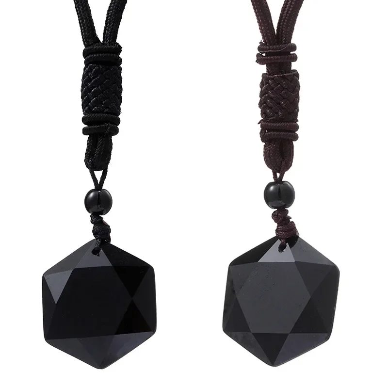 Natural Obsidian Hexagram Necklace Pendant Sweater Chain Costume Collocation Peacful and Auspicious Amulet with Rope Chain