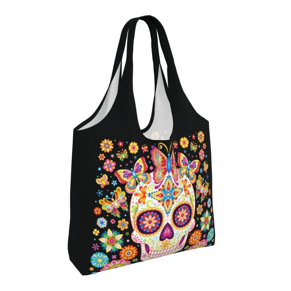 Bolsa de compras personalizada com flores mexicanas, caveira de açúcar, sacola de compras de lona, bolsa de ombro, capacidade durável dos mortos