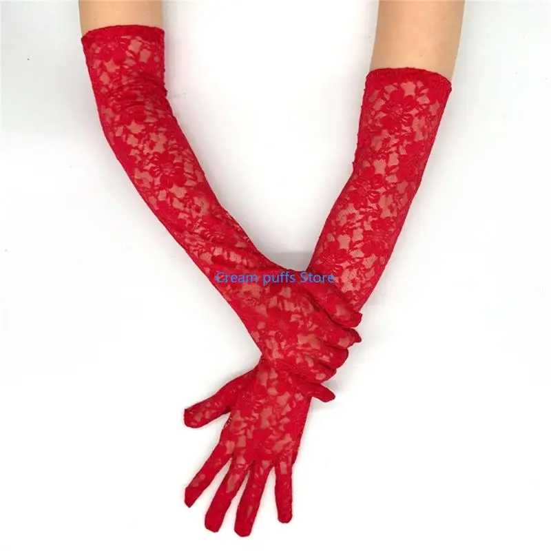 50LE 2pcs Sheer Lace Arm Length Gloves Wedding Women Fancy Short Tulle Mittens