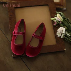 Unishuni Vintage Velvet Mary Jane scarpe per ragazze Princess Casual Flats bambini punta tonda Retro Red Green Flats scarpe eleganti per bambini