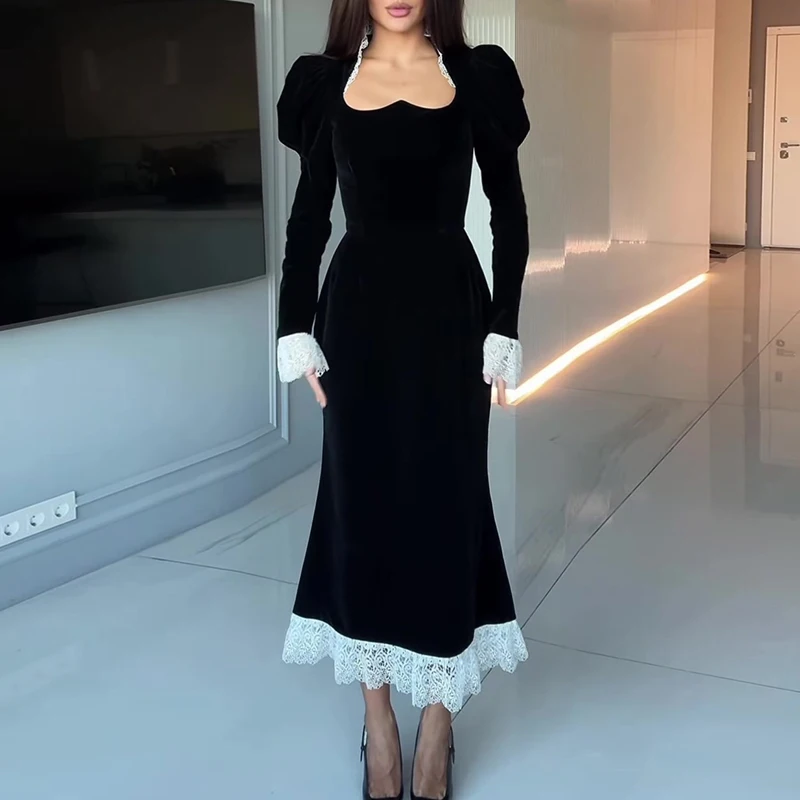 Vestido largo negro Sexy con cuello en U de encaje de retales para mujer nuevo vestido de fiesta de terciopelo ajustado liso elegante vestido Maxi bohemio de manga larga de otoño