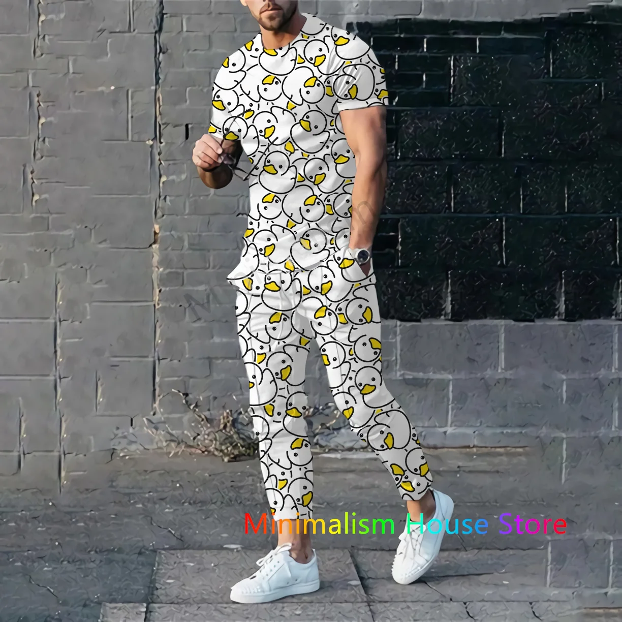 2 Piece Set Outfits Summer Tracksuit For Men Trousers Yellow Duck Print Short Sleeve T Shirt+Long Pants Casual Suit Male Clothes