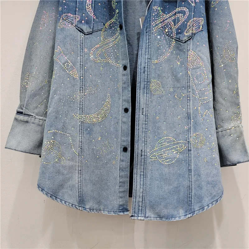 GetSpring Women Denim Coat 2024 Autumn Gradient Diamonds Single Breasted Full Sleeve Blue Denim Jacket Loose Casual Long Tops