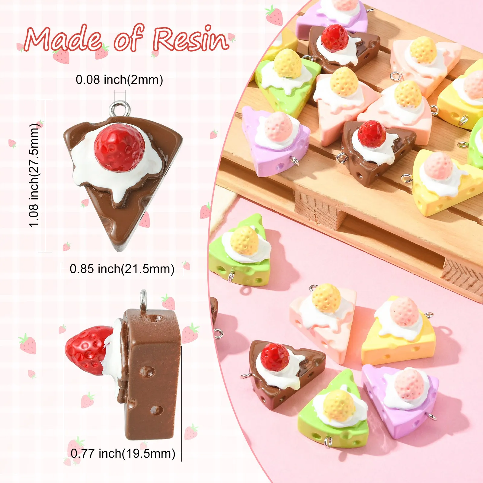 30Pcs 5 Colors Opaque Resin Imitated Sweet Food Charms Triangle 3D Strawberry Cake Charms for DIY Keychains Jewelry Making