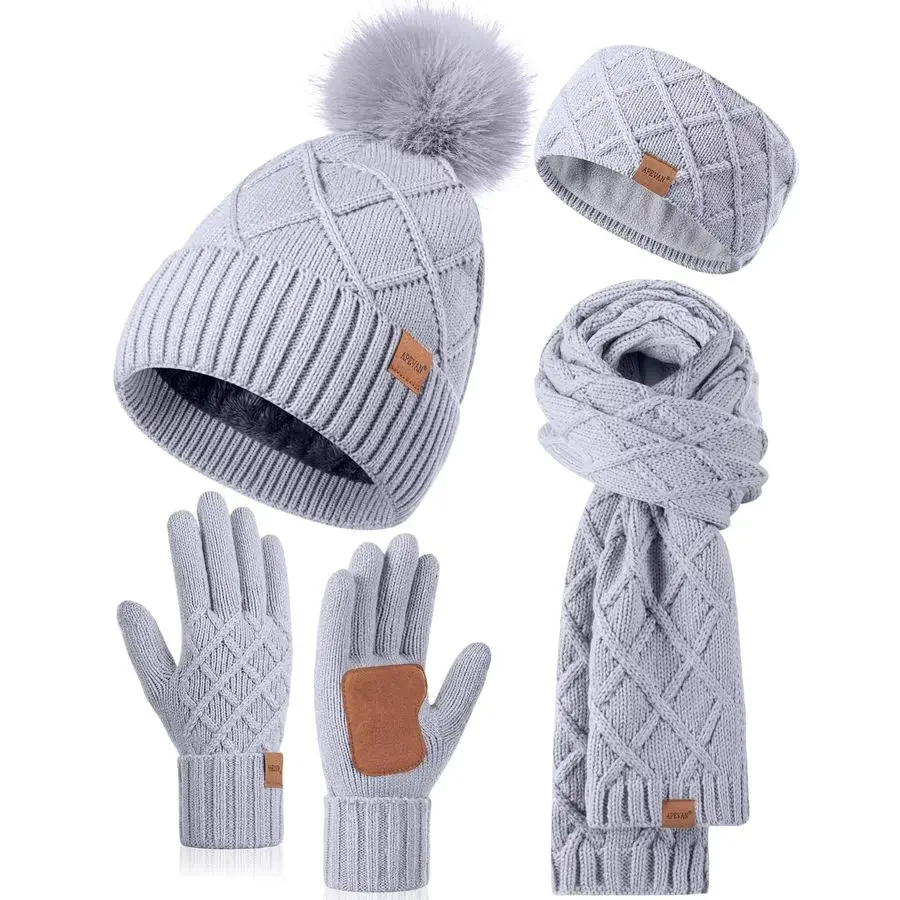 

Winter Hat Gloves Scarf Headband Set, Pom Pom Beanie Long Scarf Touchscreen Gloves Ear Warmer, 4 in 1 Warm Gift Set