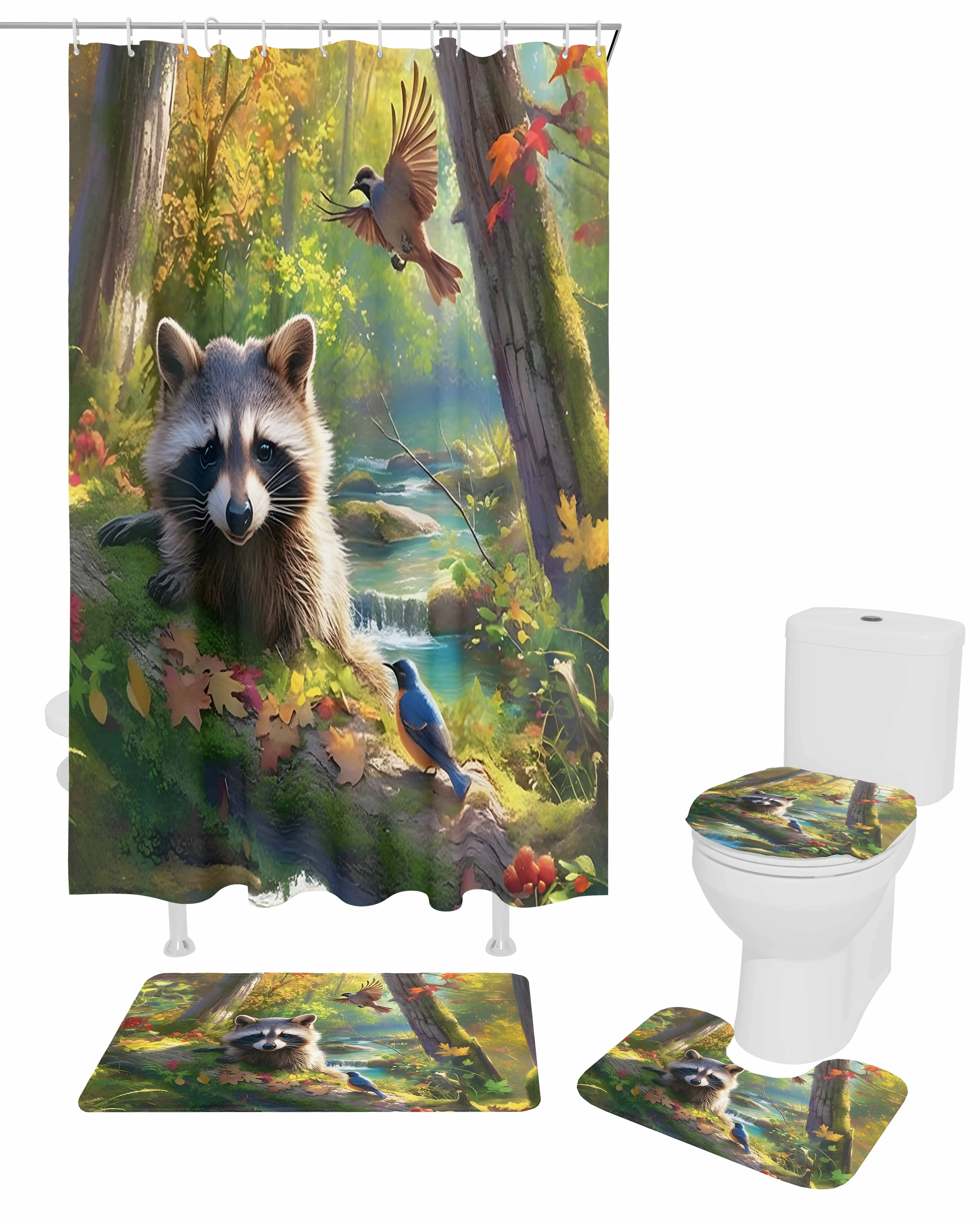 Bird Forest Stream Raccoon Shower Curtain Set Non-Slip Rugs Bath Mat Toilet Lid Cover Waterproof Bathroom Curtain