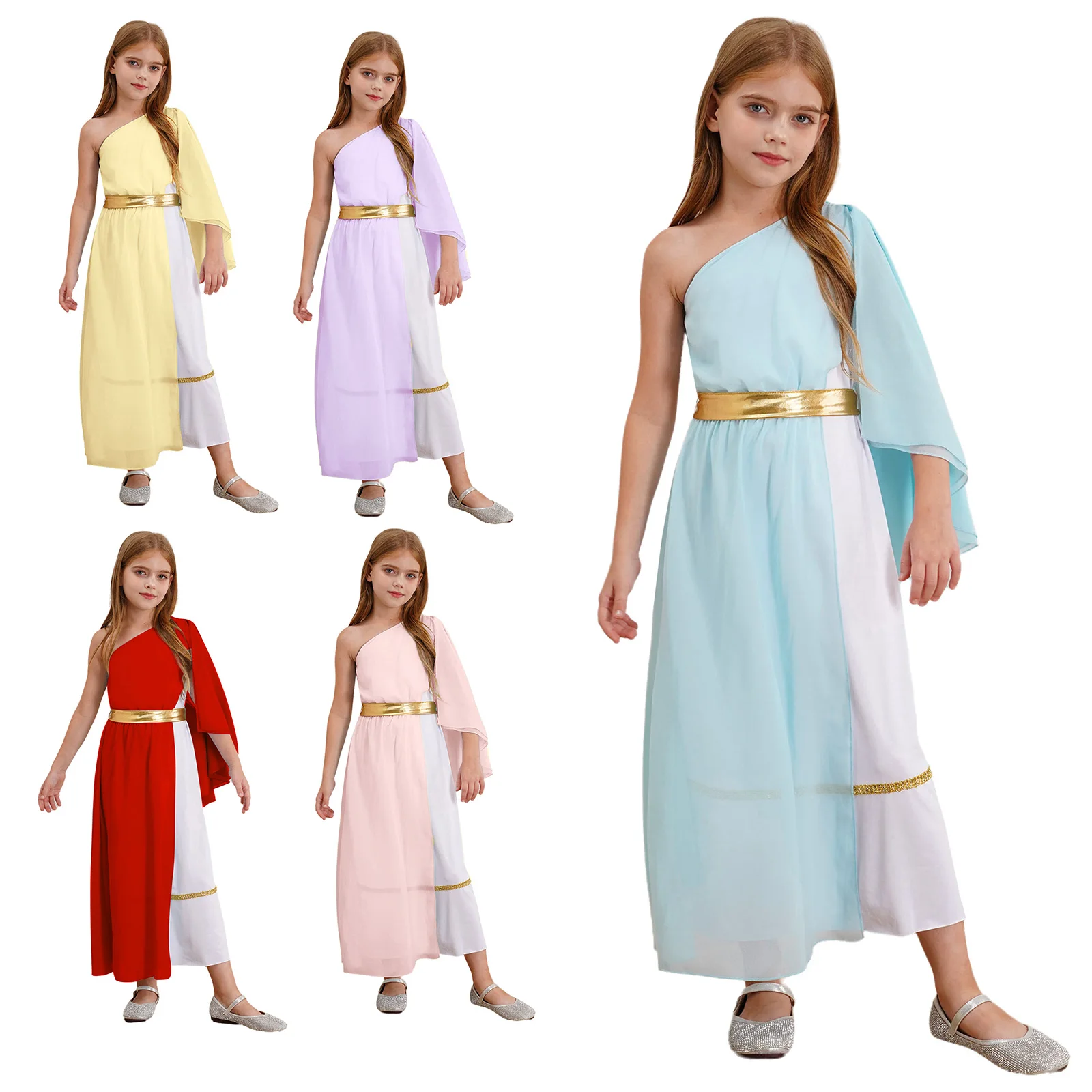 Kinder Meisjes Halloween Oud Grieks Rome Egypt Toga Kostuum Enkele Schouder Tule Sjaal Patchwork Flowy Jurk Voor Cosplay Party