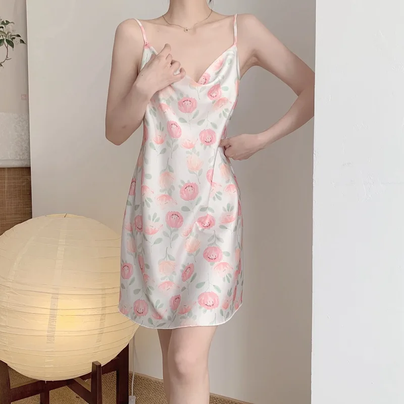 Women Satin Nightgowns Spaghetti Straps Sleepdress Sexy V-neck Sleepwear Floral Print Nightwear Ice Silk Sleeveless Night Dress