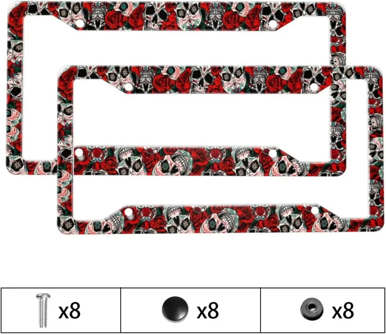 Skulls Red Rose Pattern Car License Plate Frame 2 Pack License Plate Holder with 4 Holes Car Tag Frame for Women Men US Vehicles