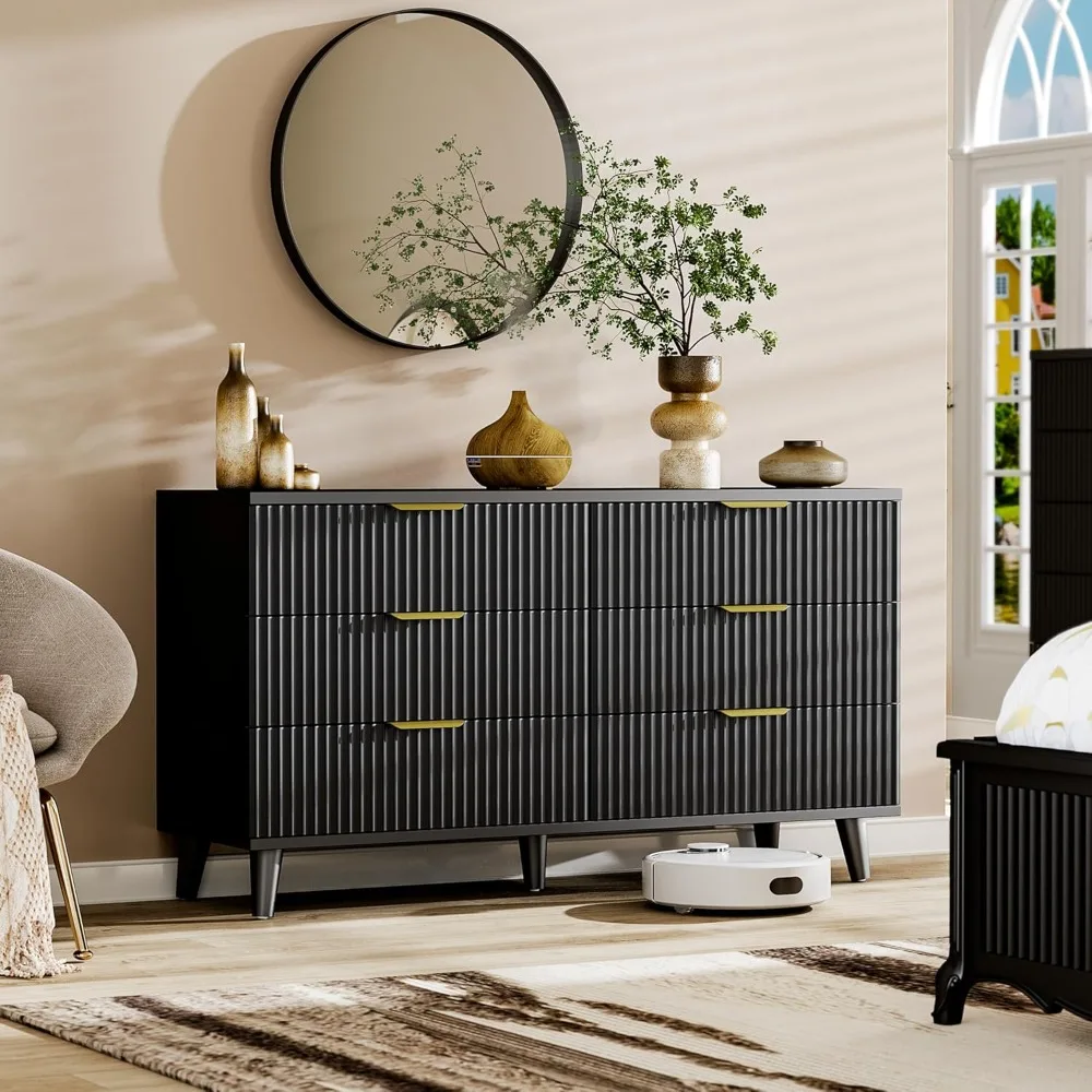 ตู้ลิ้นชักไม้ 6 ชั้น ลายร่องทันสมัย สำหรับห้องนอนและชั้นวางทีวี กว้าง 53.2 นิ้ว