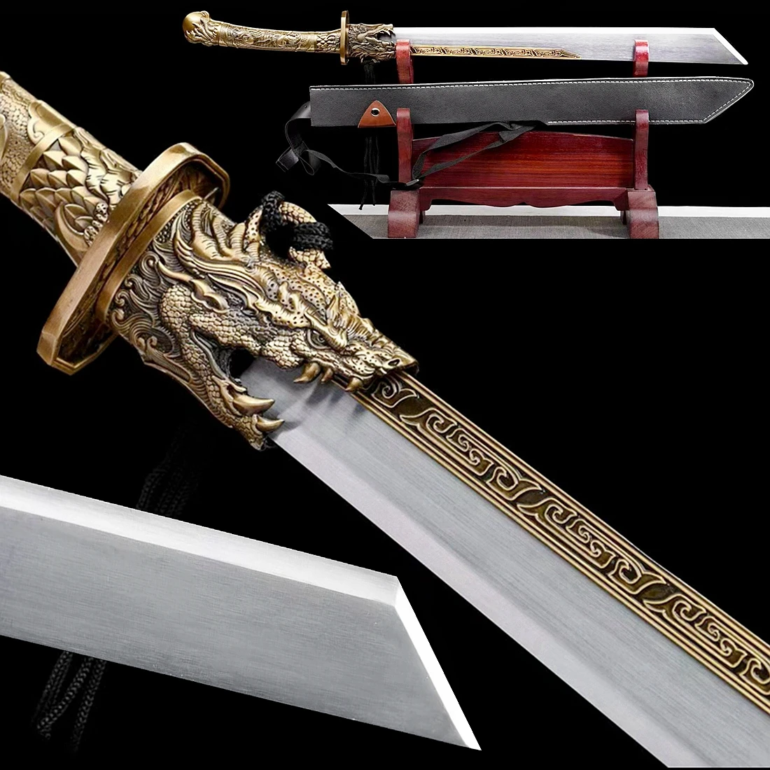 Metal Handle Dragon Broad Sword Chinese Saber Jian KungFu Tang Dao Strong High Manganese Steel Blade Outdoors Big Knife