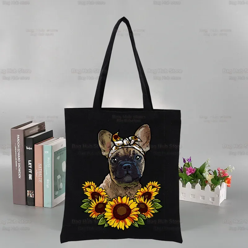 French Bulldog Graphic Harajuku Fashion Shopping Kawaii Dog Lover Black Bags Canvas Tote Bag Cloth Bag Handbag Shoulder Bags