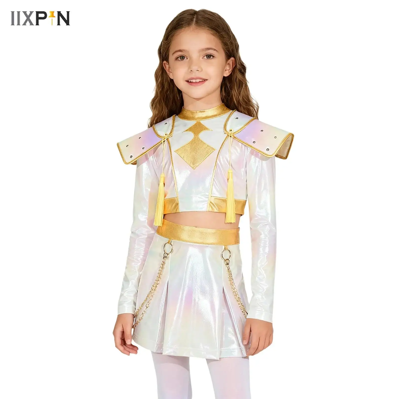 

Girls Demon Cosplay Outfit Halloween Anime Character Iridescent Gloss Contrast Color Long Sleeve Chest Tassels Crop Top+Skirt