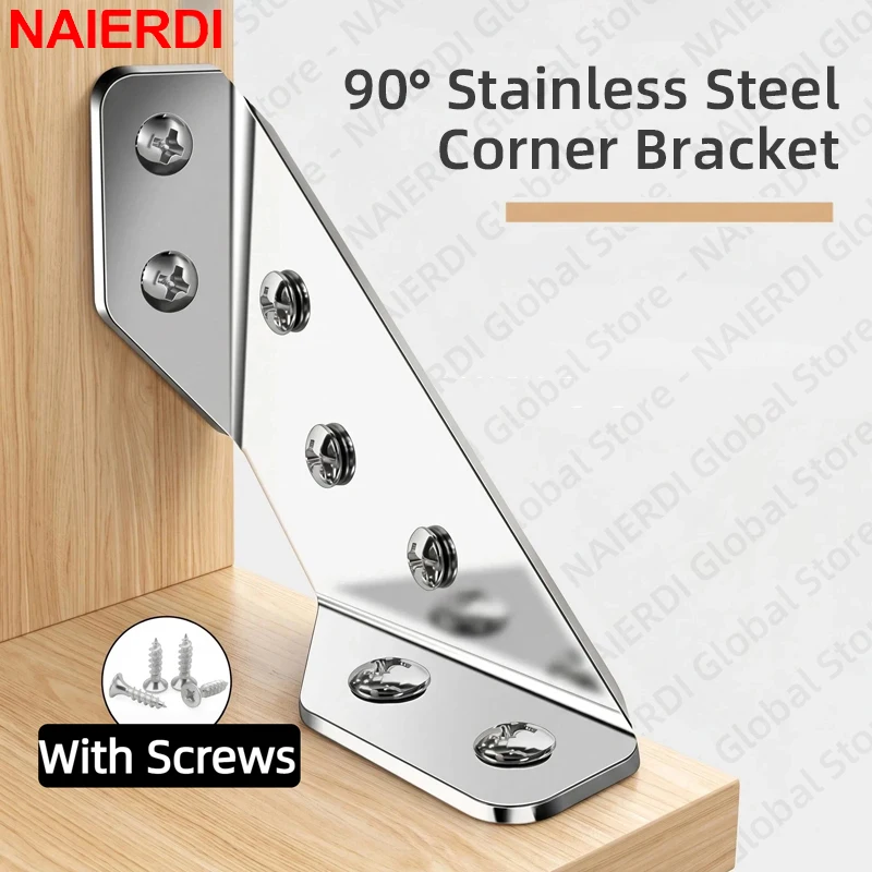 NAIERDI 5/10 Pieces Furniture Corner Connector Universal Stainless Steel 90° Angle Bracket Corner Braces for Shelves,Table,Bed