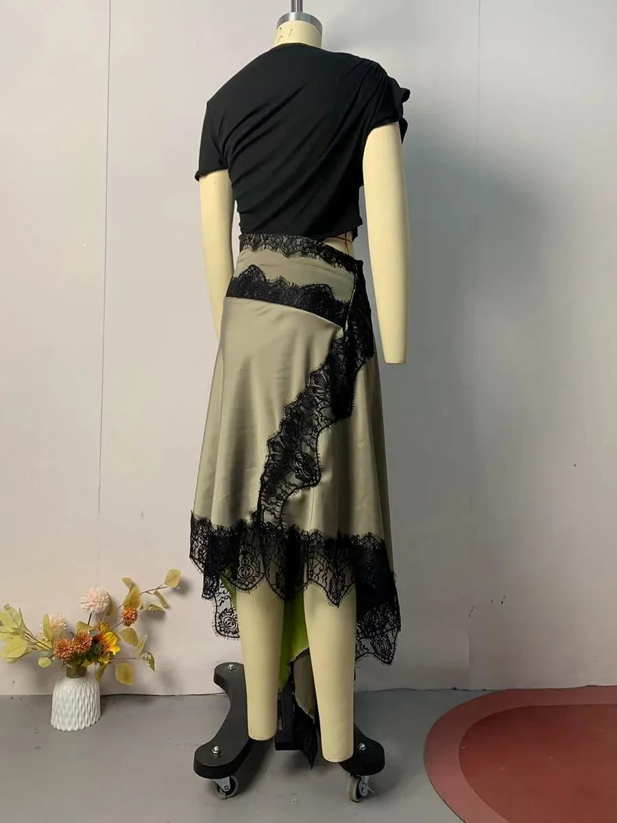 Sukienka damska VGH, patchworkowa, z koronką, dekolt okrągły, krótki rękaw, wysoki stan, ozdobna, seksowna, długa, nowa odzież damska.