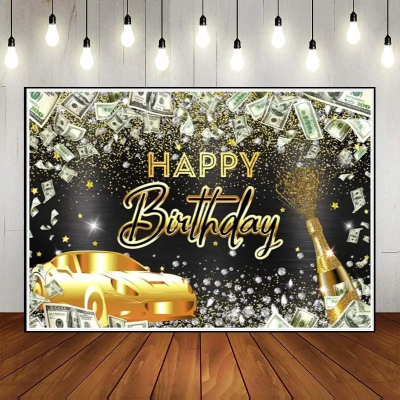 Money Theme Glitter Decoration Diamond Champagne Party Wall Backdrop Happy Birthday Bill Banner   Custom Photography Photo