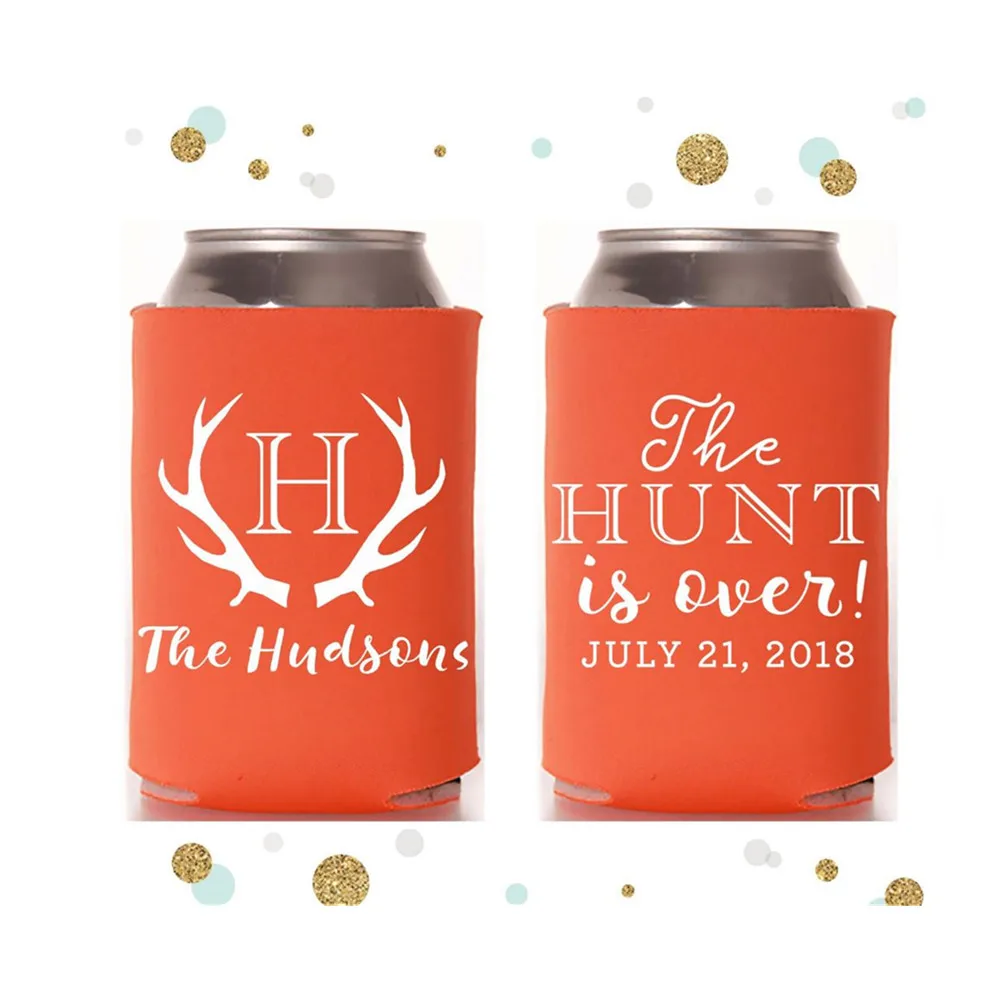 

The Hunt is Over - Wedding Can Cooler #111R - Custom - Wedding Favors, Beverage Insulators, Beer Huggers