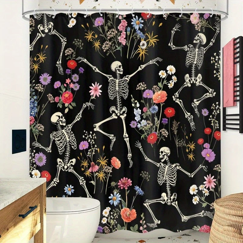 Omifly Skull & Wildflower Shower Curtain Gothic Goth Skeleton Design with Black Colorful Florals & Spooky Skeleton Pose