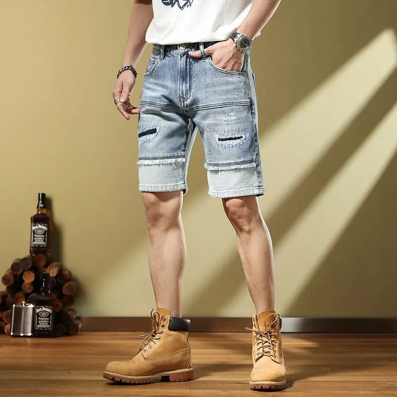 New Personalized ripped Scratched and Handsome 2023 Versatile Men's Denim Mid pants  knee length jeans shorts cargo pants men