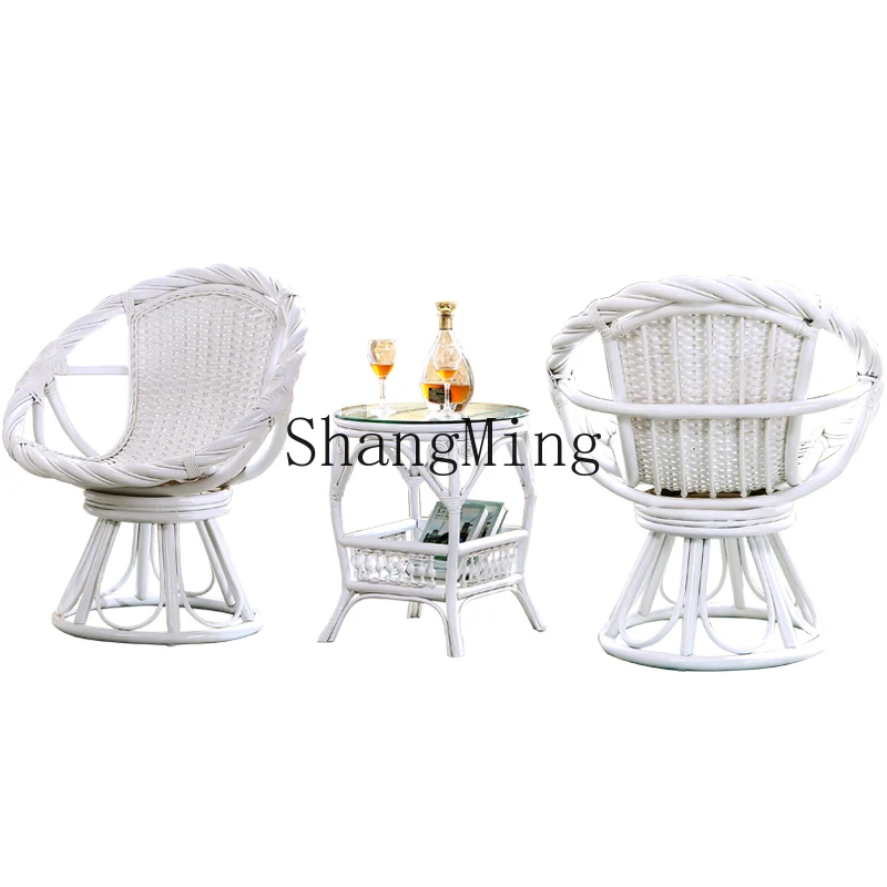 

ZJH rattan chair three-piece white leisure chair coffee table balcony table and kit combination real rattan rotating chair