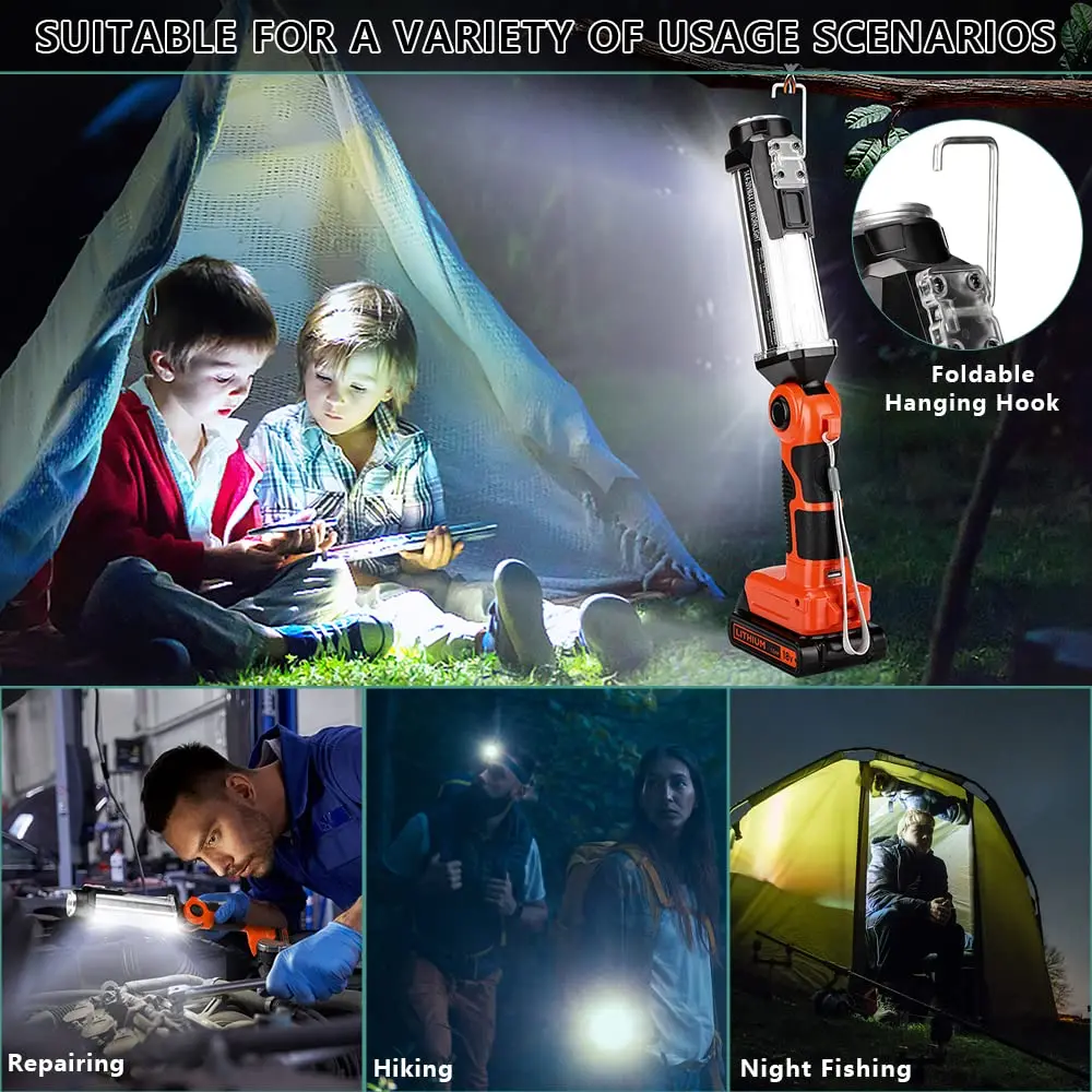 Rechargeable Battery LED Work Light Outdoor Flashlight Portable Camping Light for Black & Decker 20V Li-Ion Battery with Hook