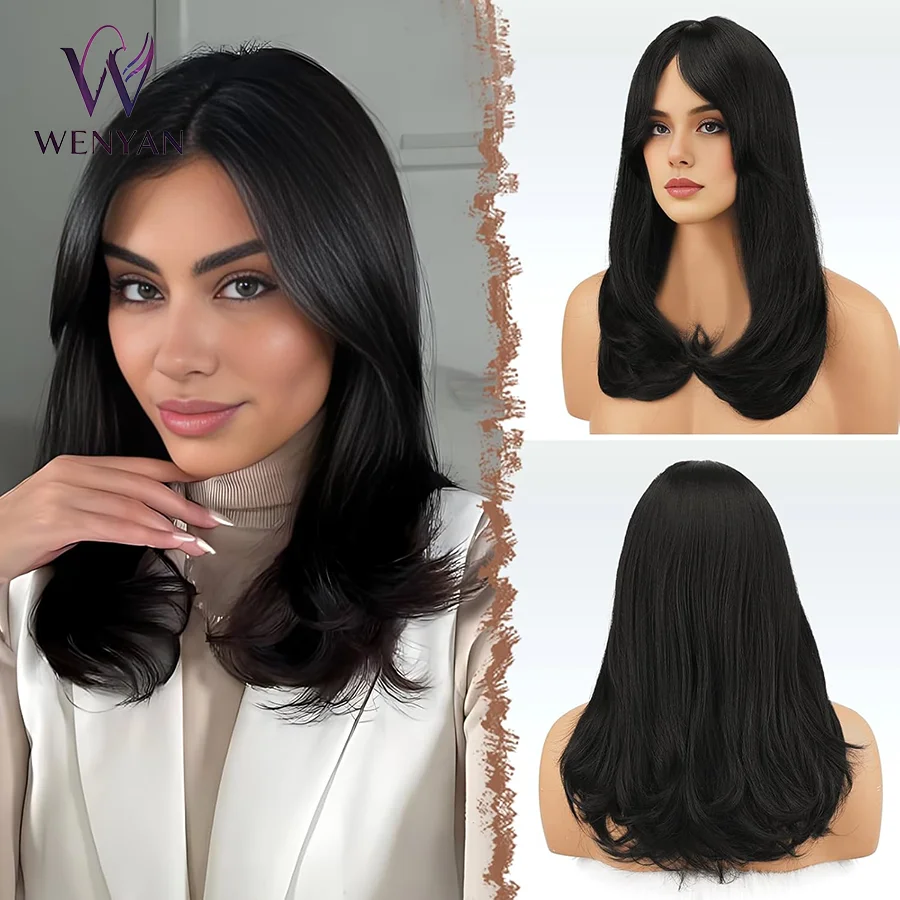 18 inchLong Wigs with Curtain Bangs, Synthetic Natural Looking  Straight Hair Wig Daily Party Use Natural Black