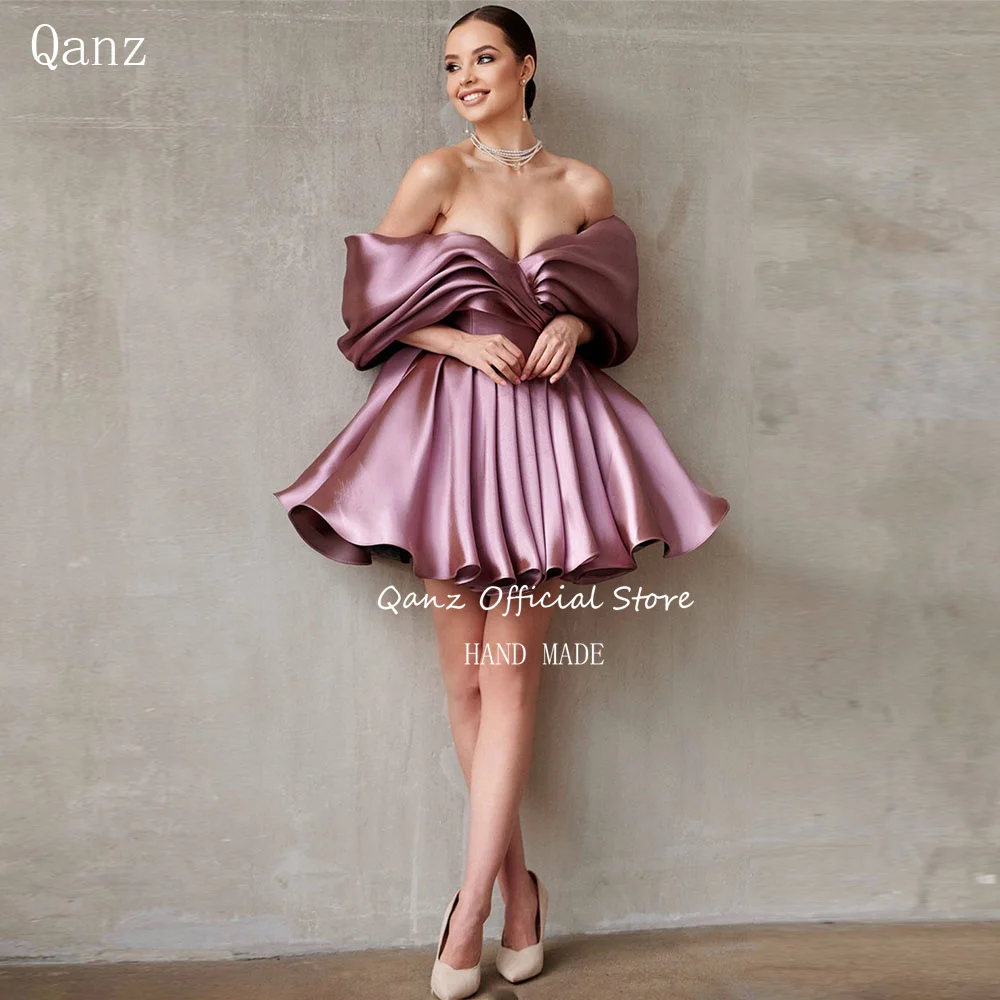 

Qanz Pink Short Prom Dresses Off The Shoulder Satin Sexy Backless Birthday Dress Mini вечернее платье Customized