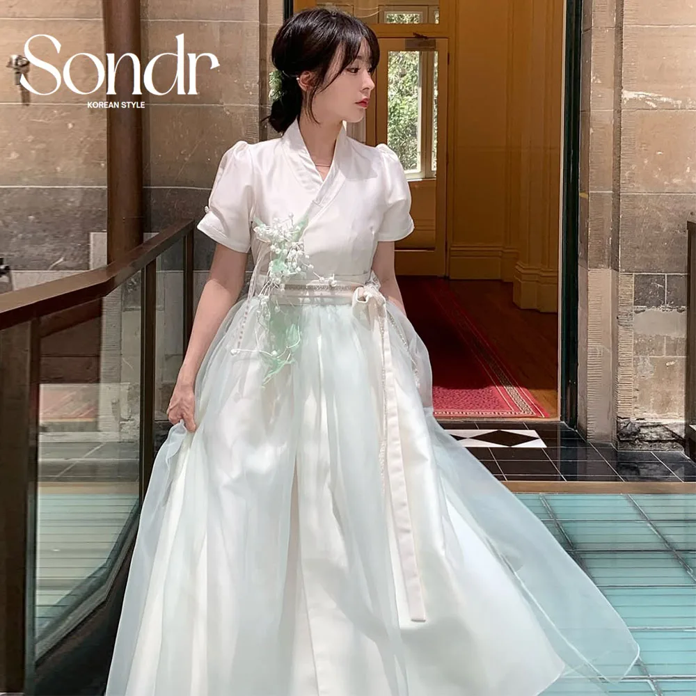 Sondr Customized Hanbok Mint Green Short Sleeves Korean Formal Dresses Evening Party Gown Women Wedding Photo Shoot Dresses