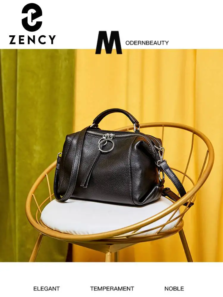 Zency Fashion Czarna designerska torba na ramię dla kobiet 100% oryginalna skórzana torebka średniej wielkości do codziennego użytku z dwoma paskami — zdjęcie 2