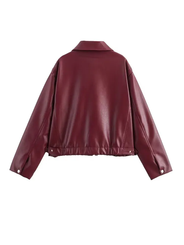 Tinsonan Casual Lapel Collar Long Sleeves Faux Leather Outerwear Front Zipper With Pockets Solid Bomber Jacket