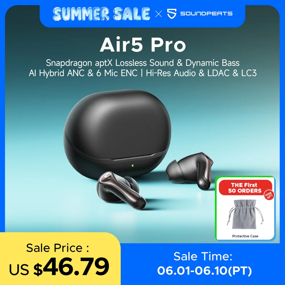 SOUNDPEATS Air5 Pro écouteurs sans fil 55 dB hybride adaptative ANC Bluetooth 5.4 écouteurs, haute résolution LDAC aptX sans perte, 6 micros AI ENC
