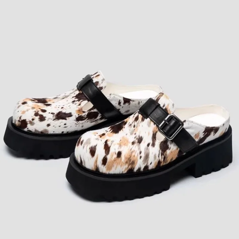 Horsehair Loafers Man Leather Casual Slippers Summer Men's Sandals Height Incearsing Shoes Men Buckle Shoes Mules Slippers