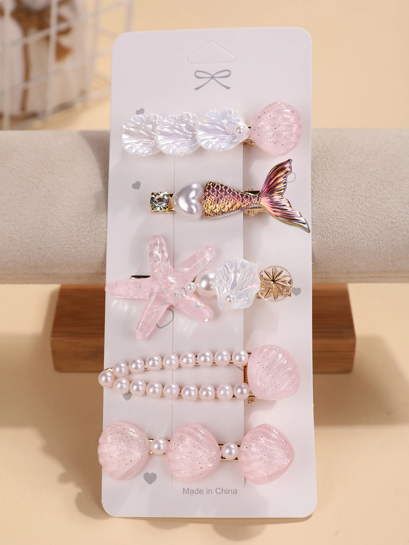 5-teiliges Set Blaue Haaraccessoires im Ozean-Stil - Meerjungfrauenschwanz, Muschel, Seestern und Perlen-Haarspangen - Niedliche Teenager-Seitenknoten-Accessoires – Detail 6