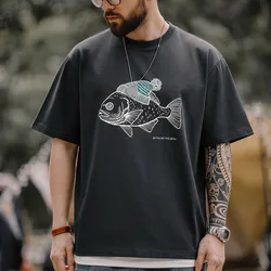 Maden Retro-Camiseta con estampado de peces de mar profundo para hombre, Tops de manga corta con cuello redondo y patrón de animales, camiseta de verano