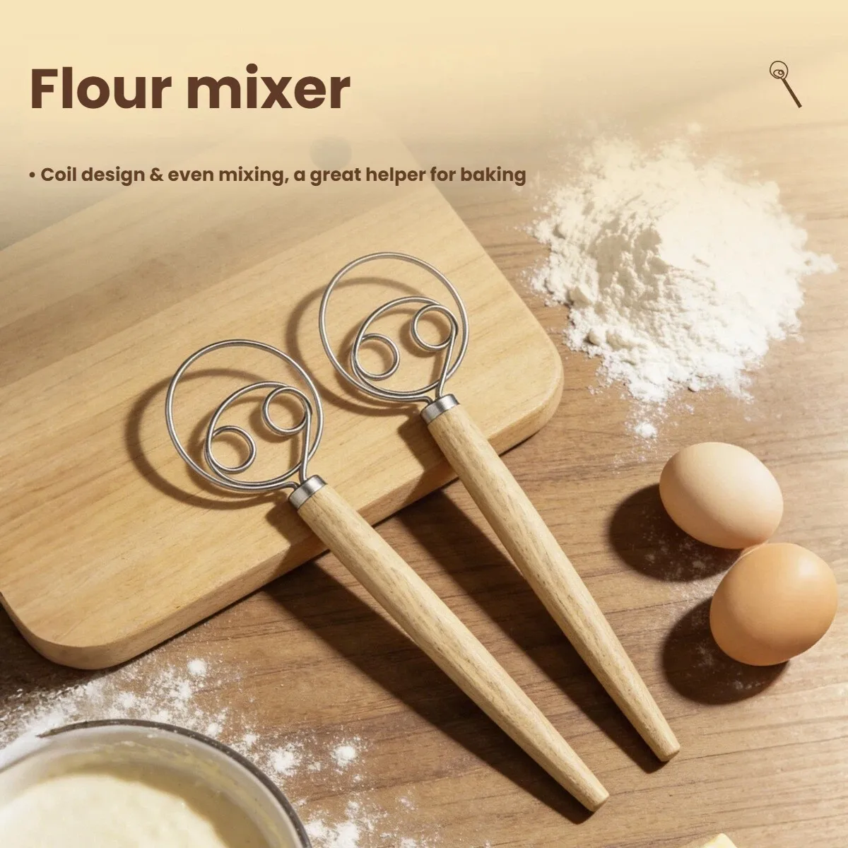 Batidor de masa grande con mango de madera, batidor danés, mezclador manual de masa para pan, batidor de cocina, batidor manual de huevos, herramientas y accesorios de repostería