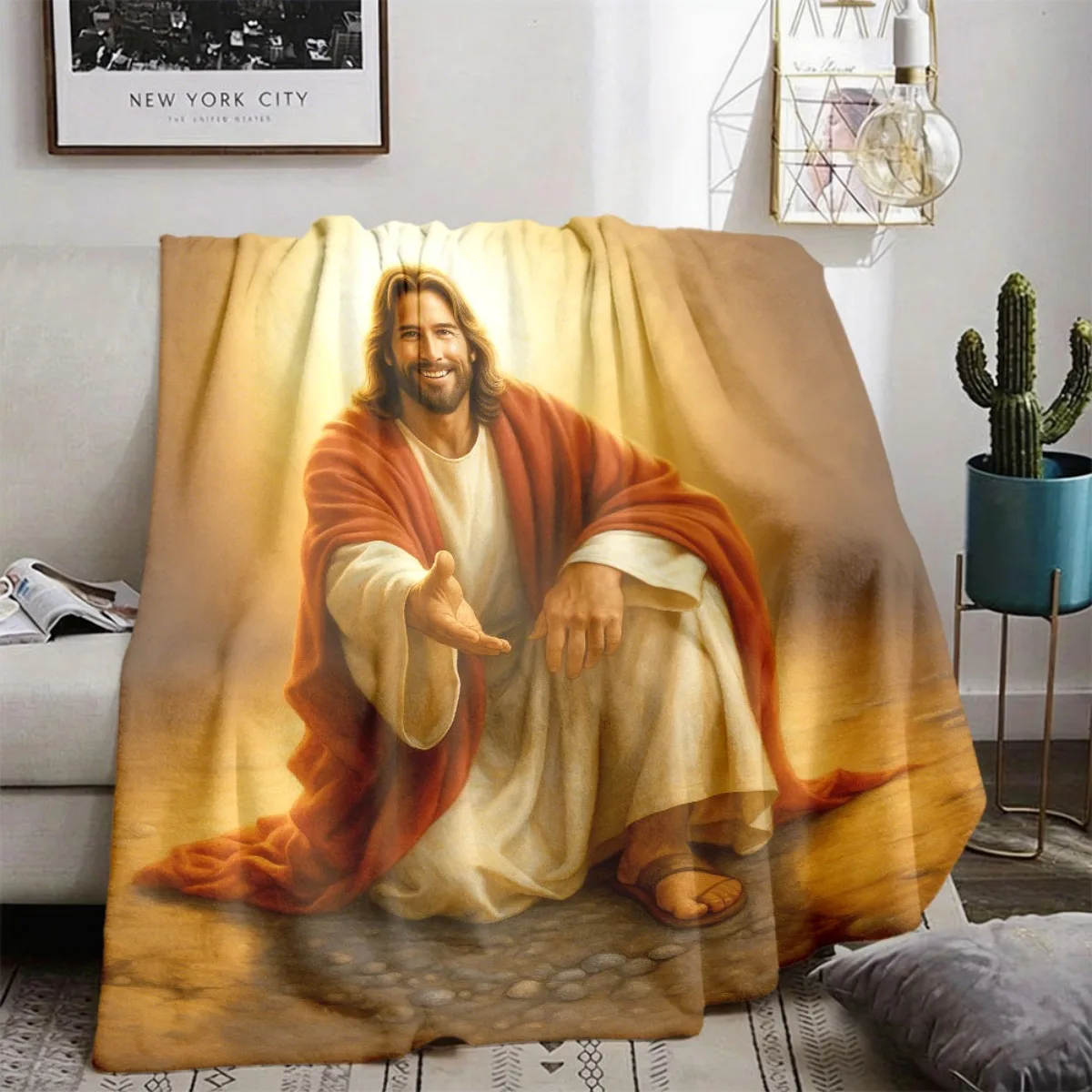 Christian Art Flannel Throw Blanket Jesus Christ Inviting Hand Pattern Soft Warm Blanket for Couch Bed Home Decor Gift Ideas Now