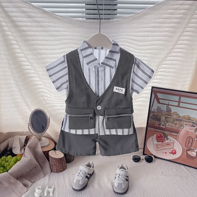 1 سنة الصبي عيد ميلاد الزي 2026 جديد الصيف الأطفال مزدوجة سستة جيب تي شيرتات قصيرة الاكمام بلوزات والسراويل قطعتين مجموعة #3