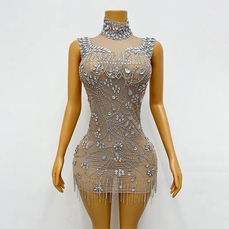 Buttocks Short Skirt Sleeveless Full Diamond Pattern Fringe Perspective Stage Evening Party Dress White Dresses With Rhinestones