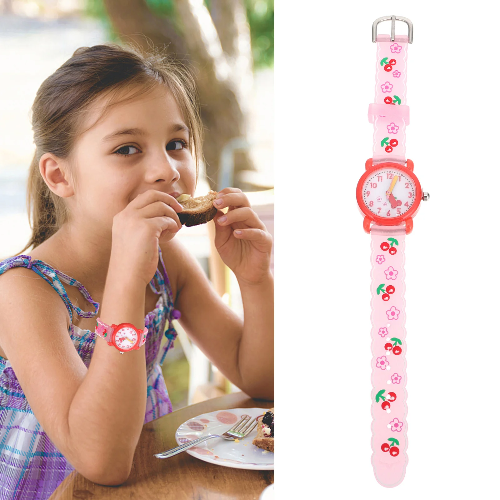 1Pcs Children Waterproof Watch Student Cartoon Quartz Watch Cherry Flower Pattern Silicone Band Comfortable Kids Wristwatch Gift