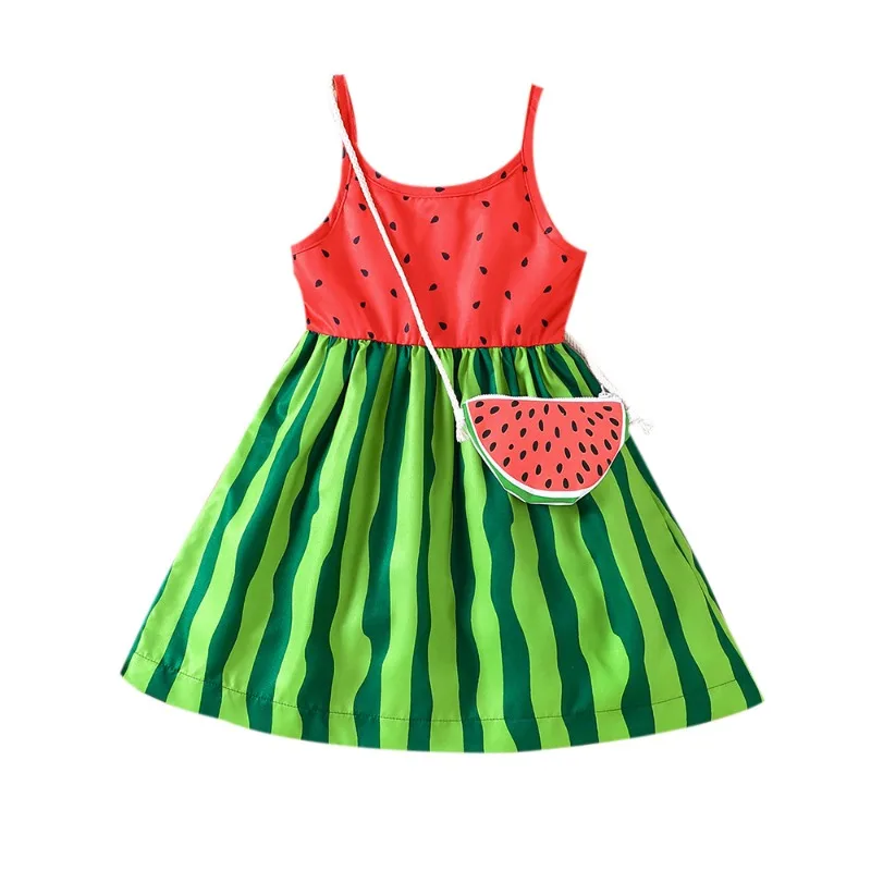 Girl’s Summer Dress Watermelon Print Cute Sling Children Clothes Sleeveless Dress+Bag 2pcs Baby Princess Clothing Outfits Ropa