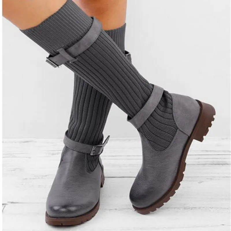 Dropship Winter Autumn Women Mid-Calf Boots fashion Knitted Woman Boots Round Toe Flat with Shoes Female Footweae boot 2023