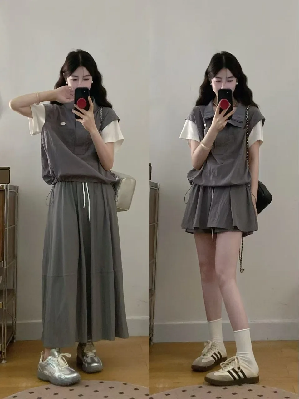 

plus Size Women's Quick Dry Fabric Summer Outfit Two Piece Set Gray Loose Fit High Waist Short Sleeve Long Dress Fashion Set