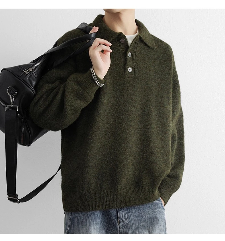 Autumn and Winter Men's American Style Loose Casual Polo Collar Warm Dark Gray Brown Green Turn-Down Collar Knit Sweater